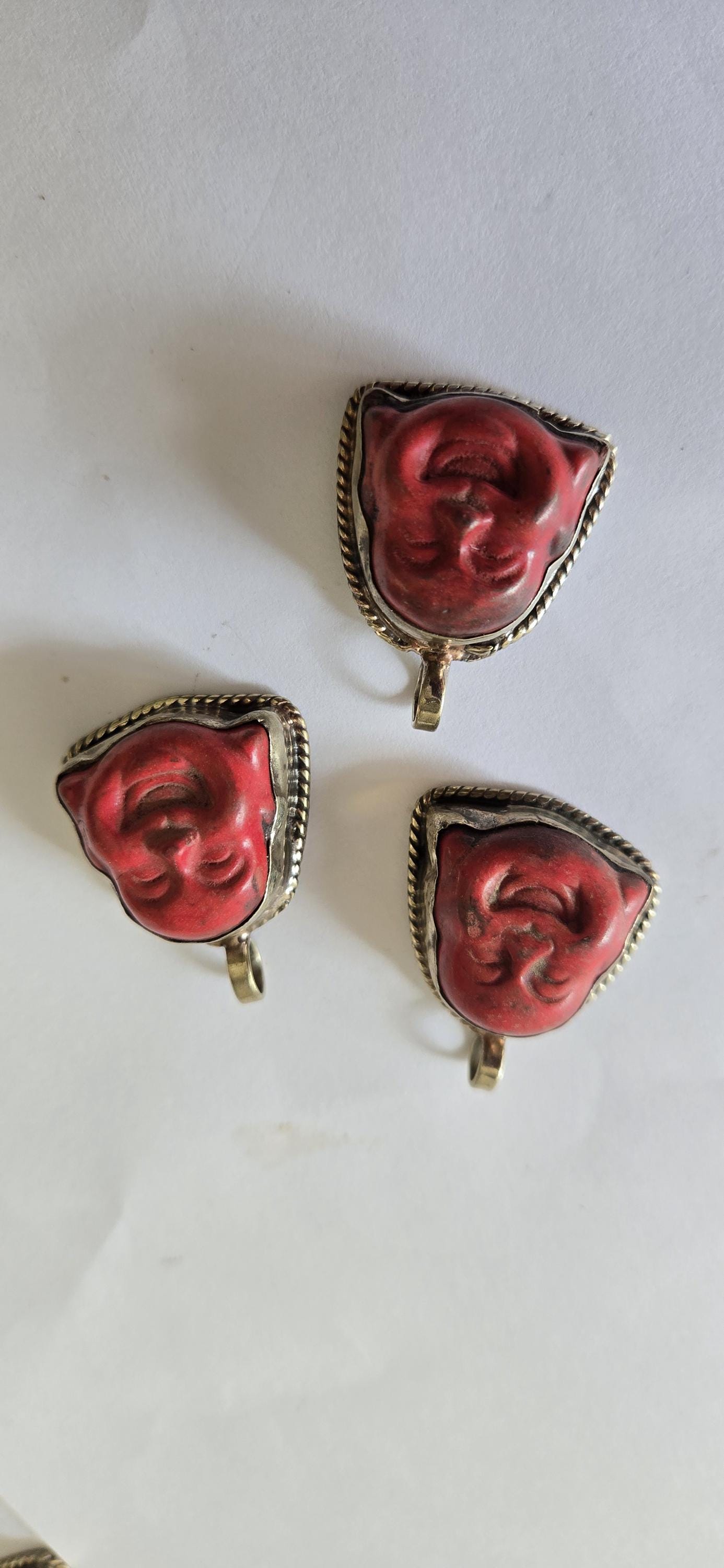 Tibetan antiqued silver color encased howlite happy Buddha face focal pendant floral carving - PM001B