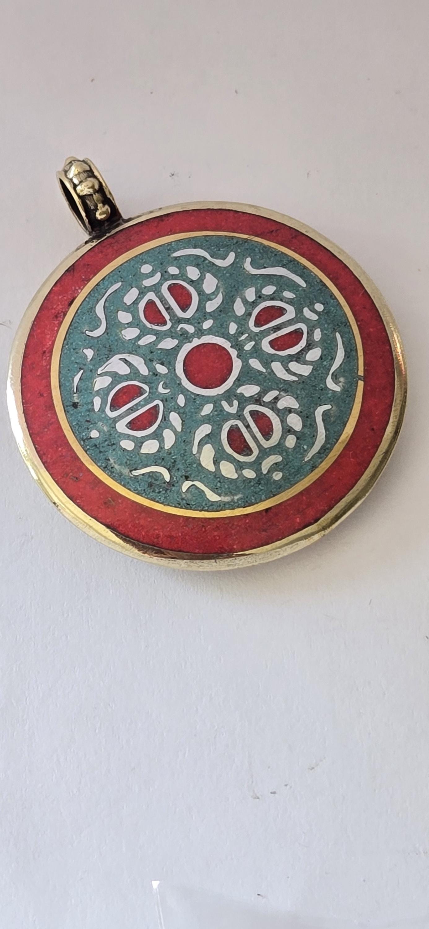 Reversible Tibetan Buddha eye and double dorje turquoise coral brass inlaid pendant - PM247G