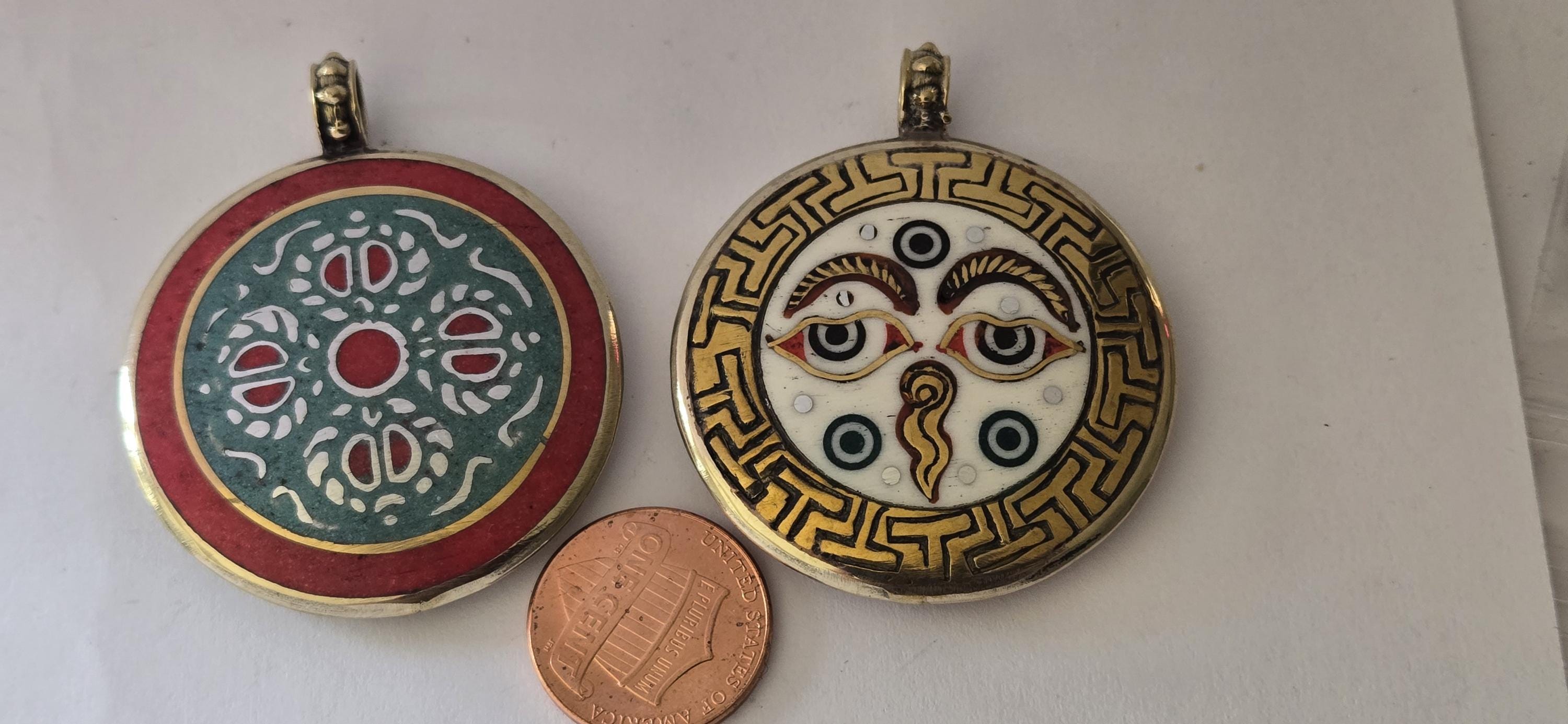 Reversible Tibetan Buddha eye and double dorje turquoise coral brass inlaid pendant - PM247G