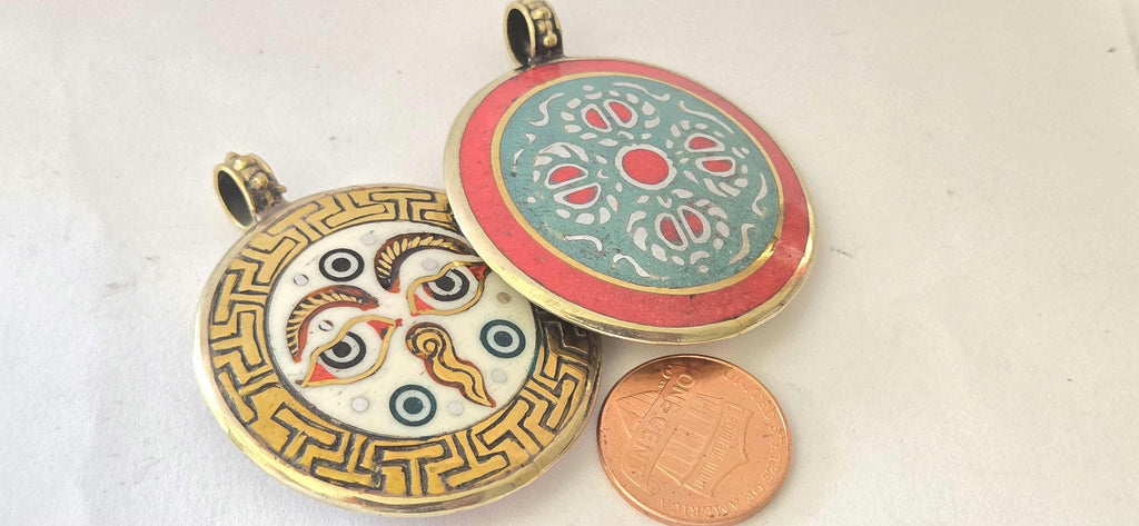 Reversible Tibetan Buddha eye and double dorje turquoise coral brass inlaid pendant - PM247G