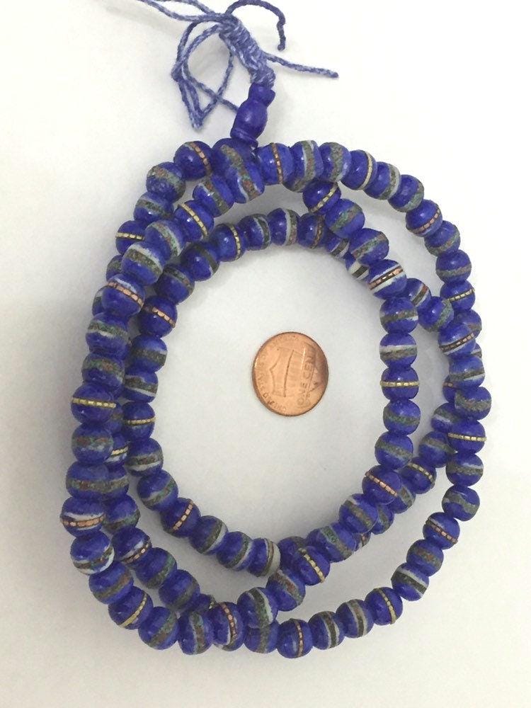 108 beads - Tibetan bone beads inlaid bone beads - 8 mm Tibetan blue color bone beads turquoise brass inlay beads - nepal ML125A