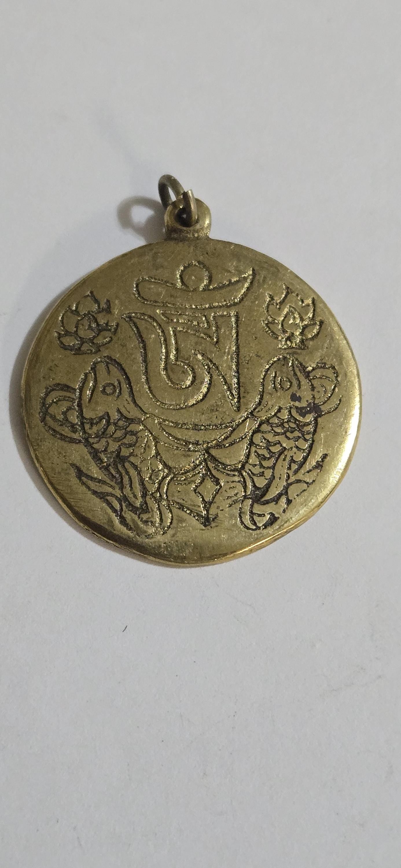 Tibetan brass om and golden fish symbol antiqued finish ashtamangala auspicious symbol Om pendant - CP011B