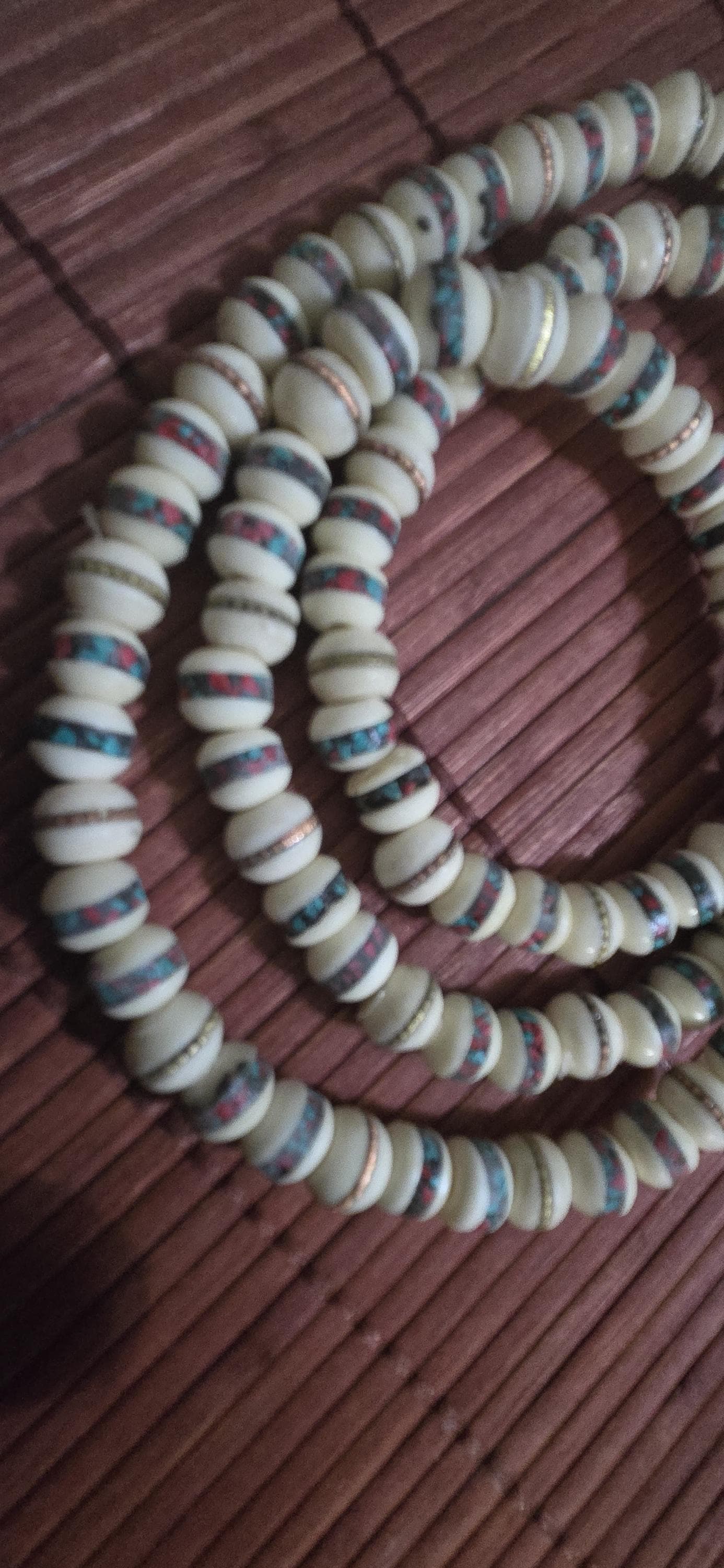 108 beads - 10 mm Tibetan cream white color bone mala turquoise brass copper turquoise coral inlay recycledcattle bone beads Nepal - ML075A