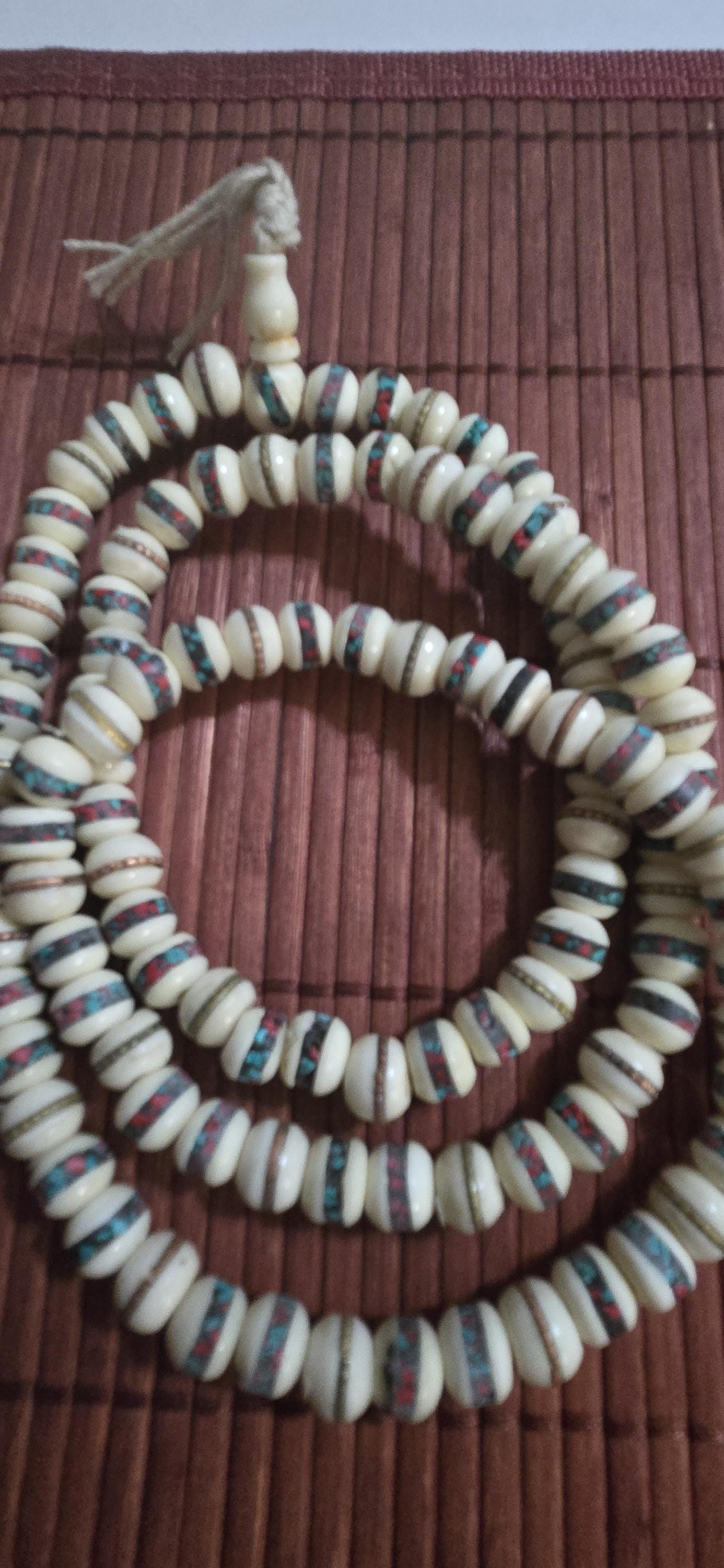 108 beads - 10 mm Tibetan cream white color bone mala turquoise brass copper turquoise coral inlay recycledcattle bone beads Nepal - ML075A