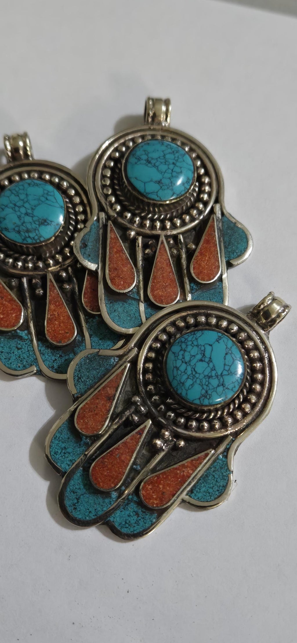 1 pendant - Beautiful Tibetan hamsa pendant with turquoise coral inlay hand pendant handcrafted Nepal - PM337C