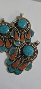 1 pendant - Beautiful Tibetan hamsa pendant with turquoise coral inlay hand pendant handcrafted Nepal - PM337C