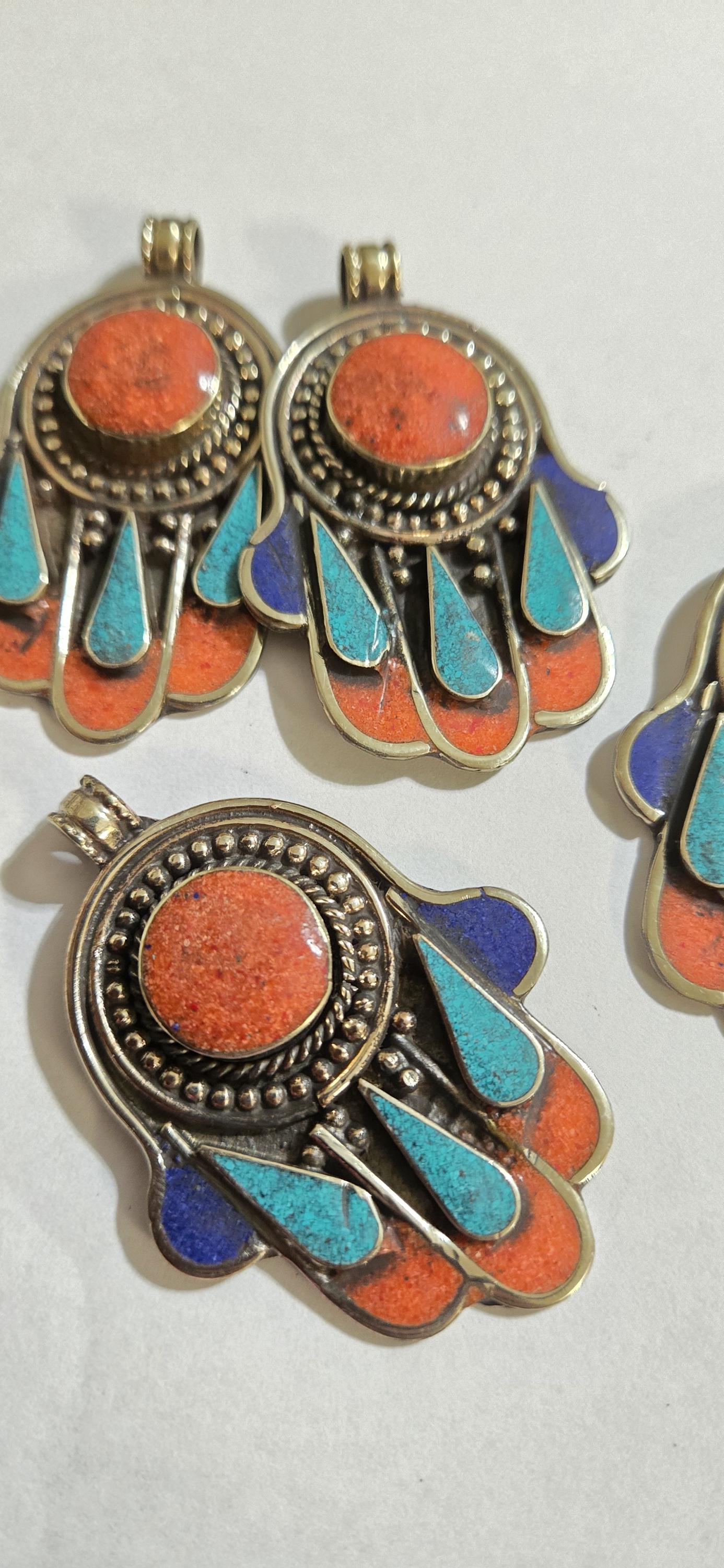 1 pendant - Beautiful Tibetan hamsa pendant with coral resin center and turquoise coral inlay hand pendant handcrafted Nepal - PM337A