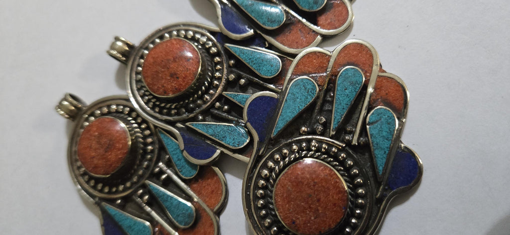 1 pendant - Beautiful Tibetan hamsa pendant with coral resin center and turquoise coral inlay hand pendant handcrafted Nepal - PM337A