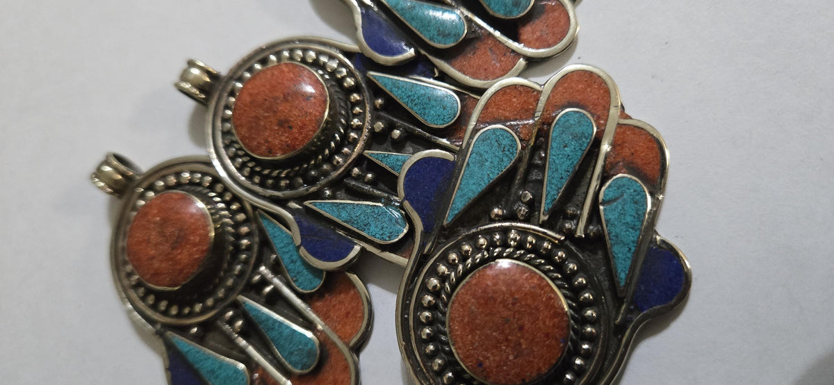 1 pendant - Beautiful Tibetan hamsa pendant with coral resin center and turquoise coral inlay hand pendant handcrafted Nepal - PM337A