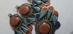 1 pendant - Beautiful Tibetan hamsa pendant with coral resin center and turquoise coral inlay hand pendant handcrafted Nepal - PM337A