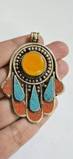 1 pendant - Beautiful Tibetan hamsa pendant with coral resin center and turquoise coral inlay hand pendant handcrafted Nepal - PM337A
