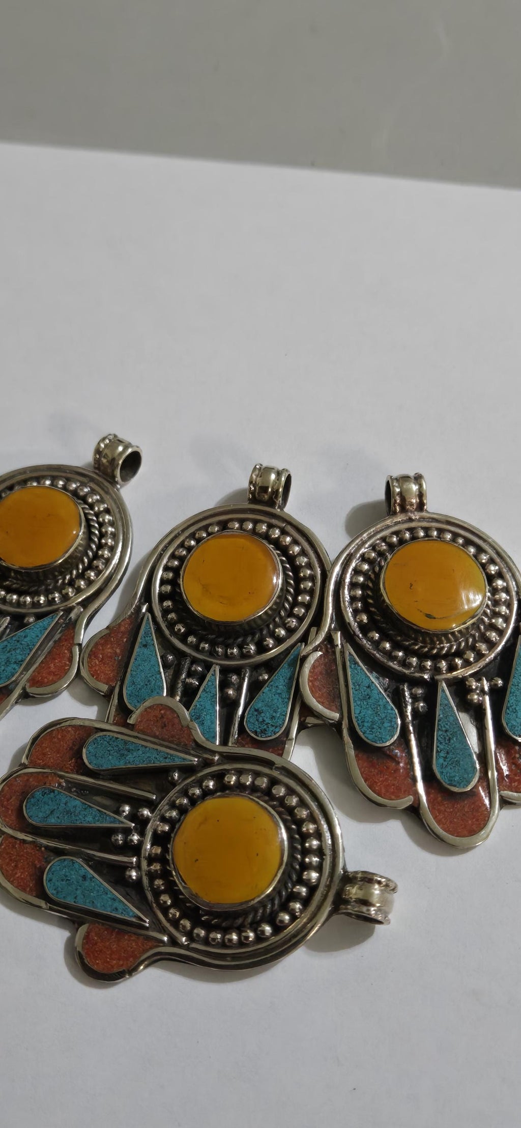 1 pendant - Beautiful Tibetan hamsa pendant with coral resin center and turquoise coral inlay hand pendant handcrafted Nepal - PM337A