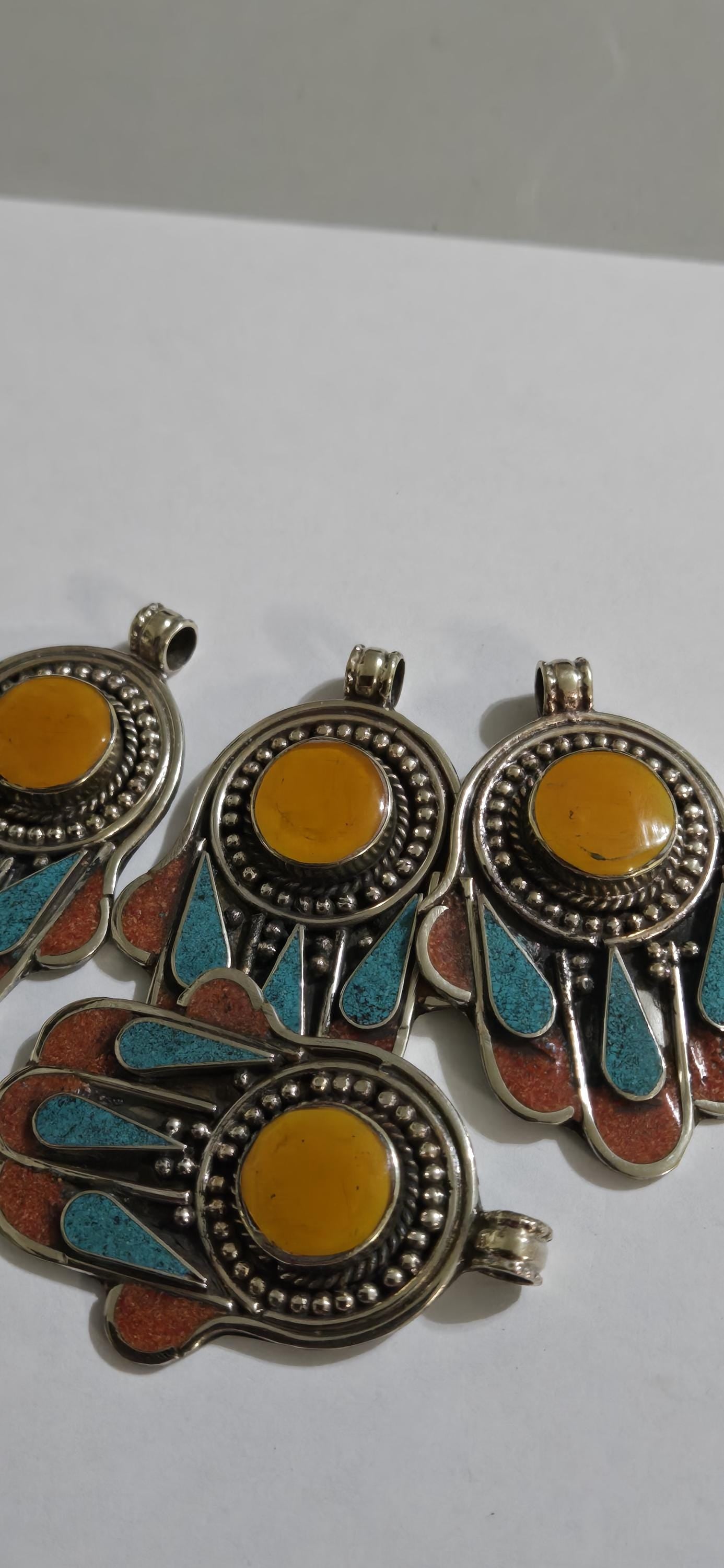 1 pendant - Beautiful Tibetan hamsa pendant with coral resin center and turquoise coral inlay hand pendant handcrafted Nepal - PM337A