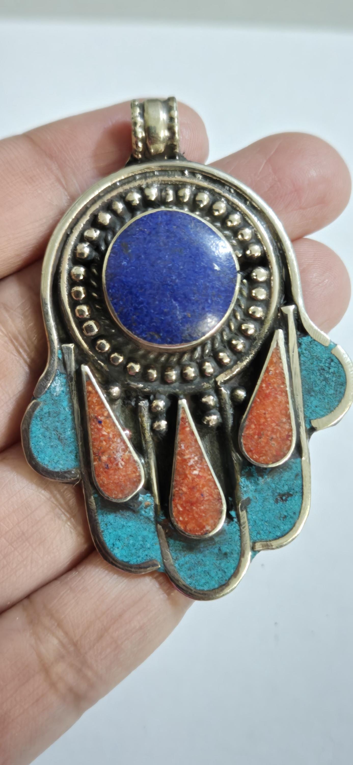 1 pendant - Beautiful Tibetan hamsa pendant with lapis coral turquoise inlay hand pendant handcrafted Nepal - PM337D