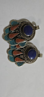 1 pendant - Beautiful Tibetan hamsa pendant with lapis coral turquoise inlay hand pendant handcrafted Nepal - PM337D