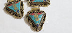 1 Pendant - Ethnic Nepalese Triangle shape double spiral brass pendant with turquoise coral inlay - PM434B