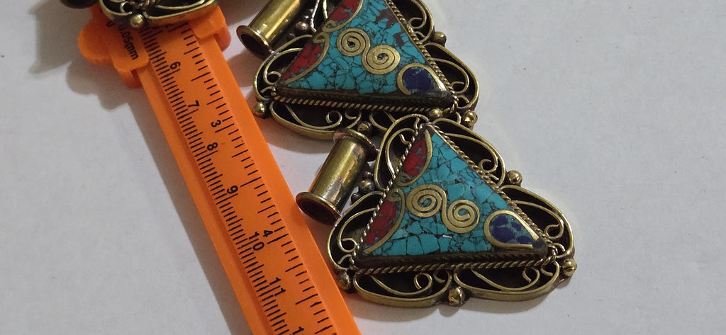 1 Pendant - Ethnic Nepalese Triangle shape double spiral brass pendant with turquoise coral inlay - PM434B