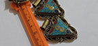 1 Pendant - Ethnic Nepalese Triangle shape double spiral brass pendant with turquoise coral inlay - PM434B