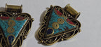 1 Pendant - Ethnic Nepalese Triangle shape double spiral brass pendant with turquoise coral inlay - PM434B