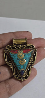 1 Pendant - Ethnic Nepalese Triangle shape double spiral brass pendant with turquoise coral inlay - PM434B
