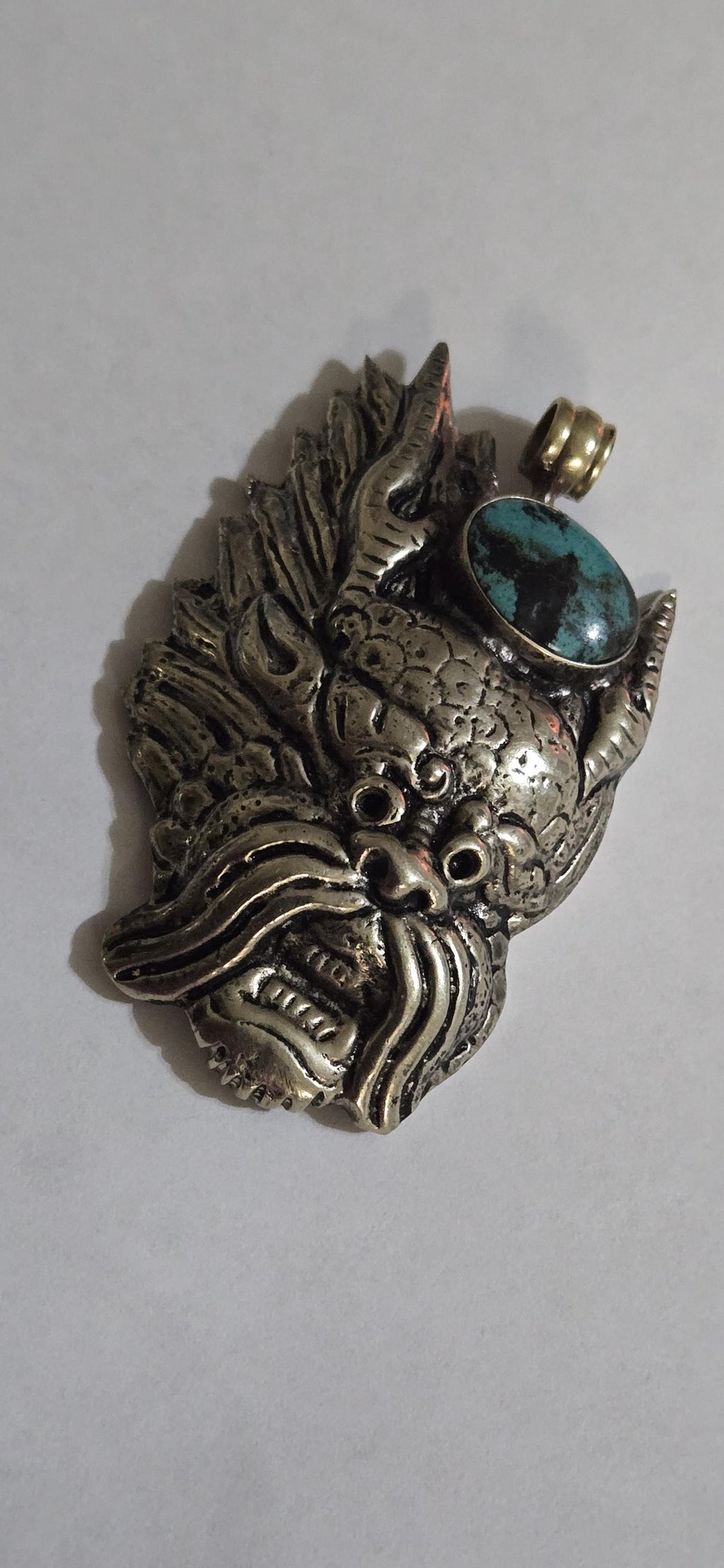 Large Tibetan mahakala protector pendant with turquoise inlay - PM313C