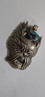 Large Tibetan mahakala protector pendant with turquoise inlay - PM313C