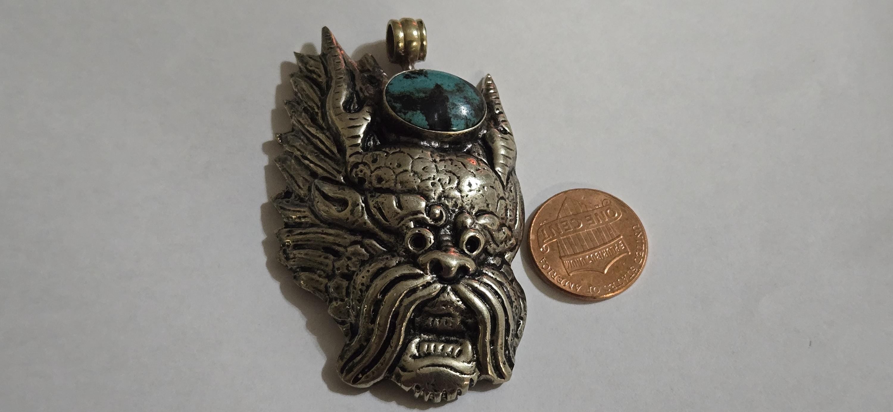 Large Tibetan mahakala protector pendant with turquoise inlay - PM313C