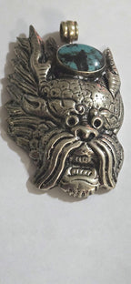 Large Tibetan mahakala protector pendant with turquoise inlay - PM313C