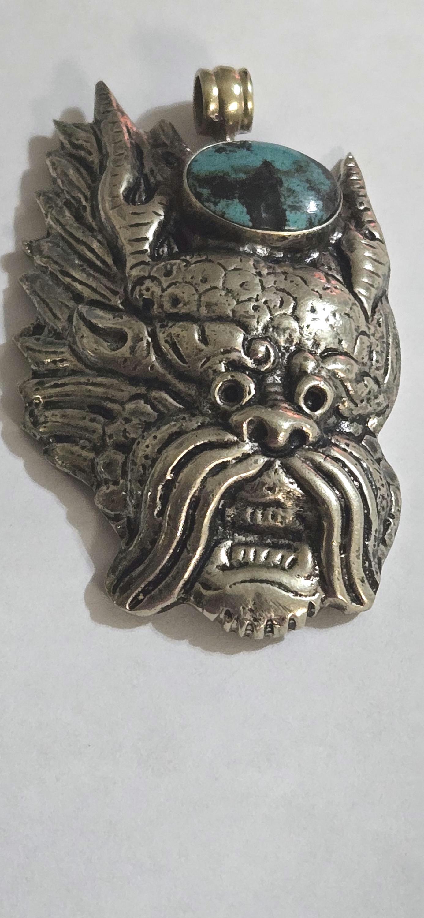 Large Tibetan mahakala protector pendant with turquoise inlay - PM313C