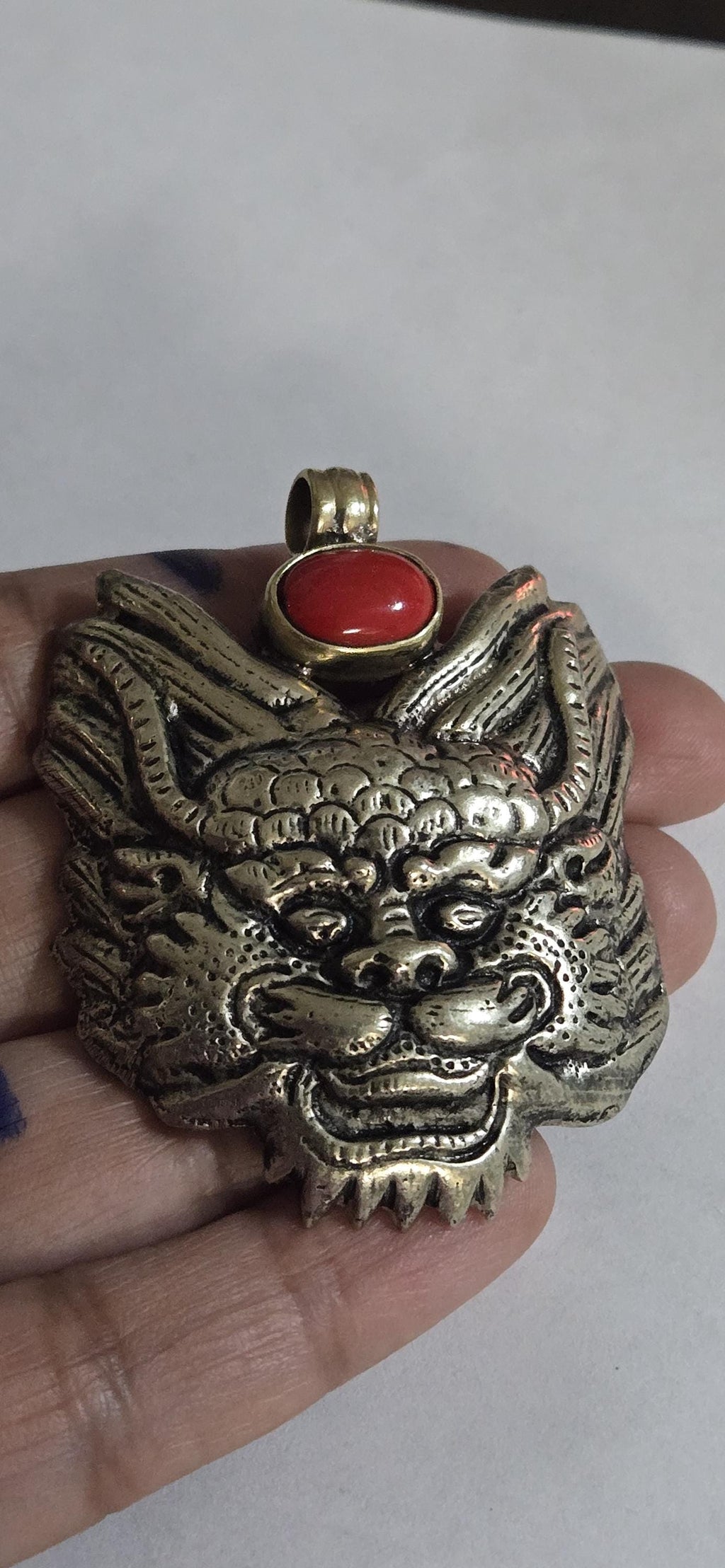 Large Tibetan mahakala protector pendant with coral inlay - PM313L