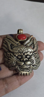 Large Tibetan mahakala protector pendant with coral inlay - PM313L
