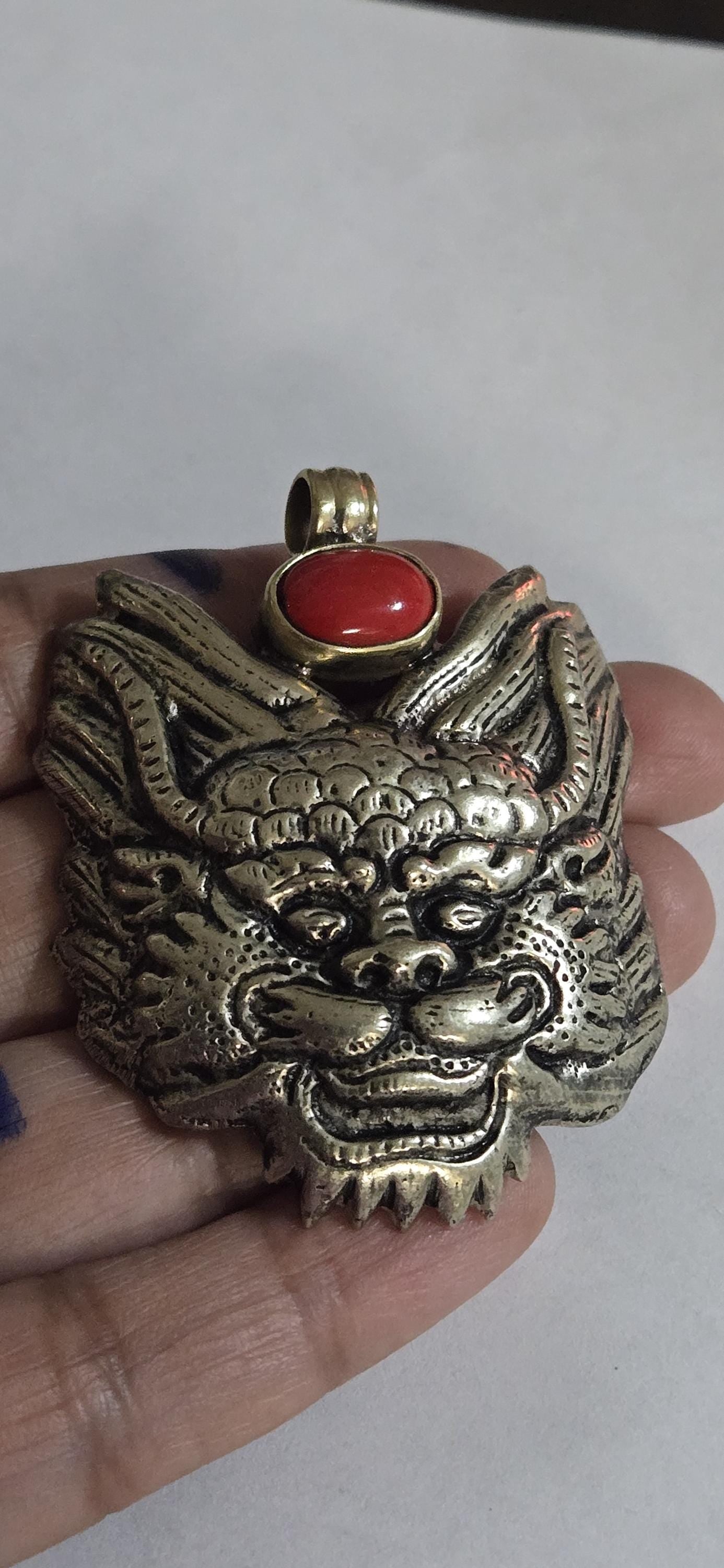 Large Tibetan mahakala protector pendant with coral inlay - PM313L