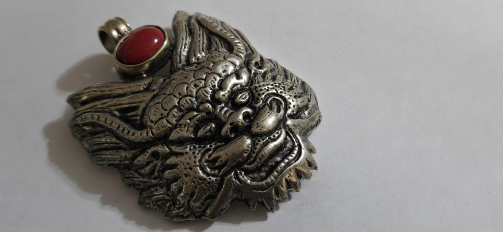 Large Tibetan mahakala protector pendant with coral inlay - PM313L