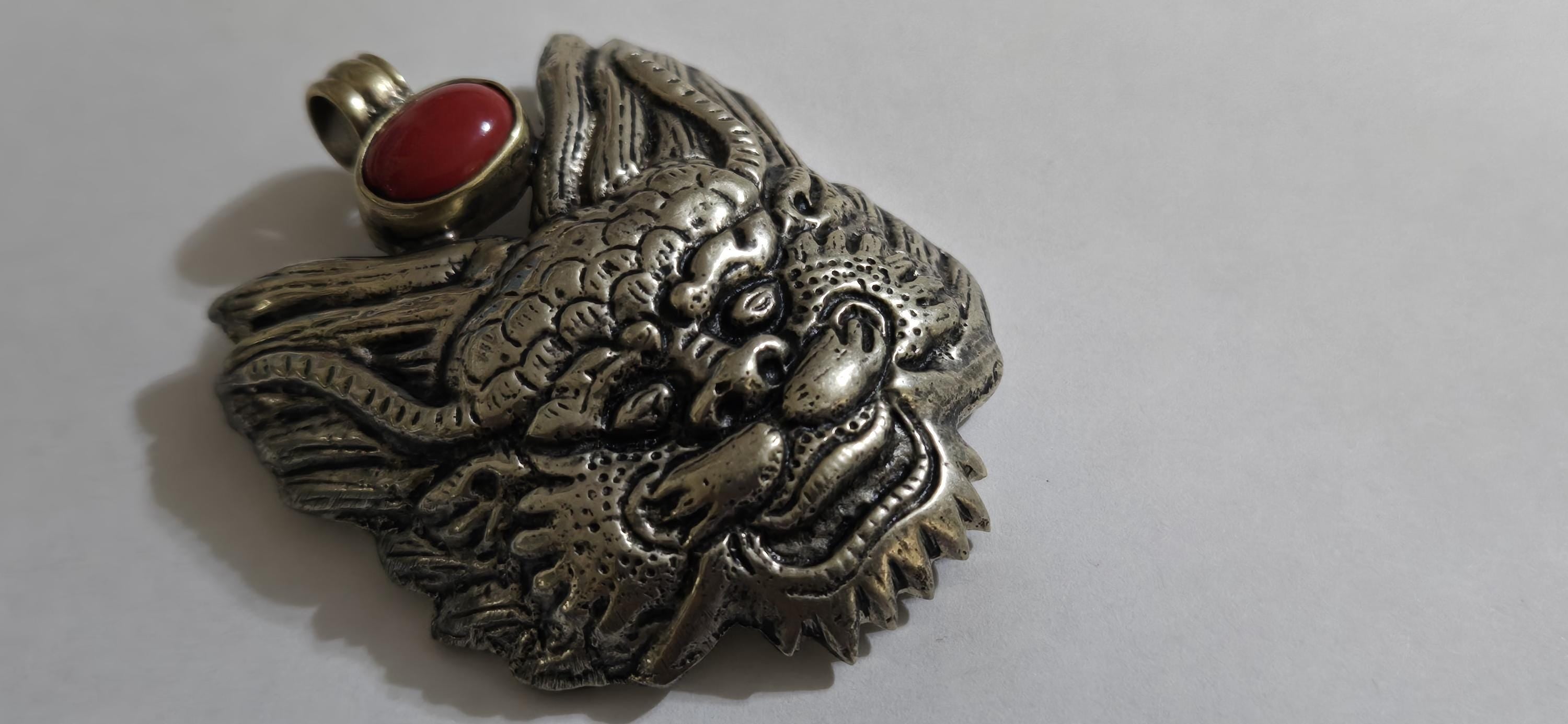 Large Tibetan mahakala protector pendant with coral inlay - PM313L