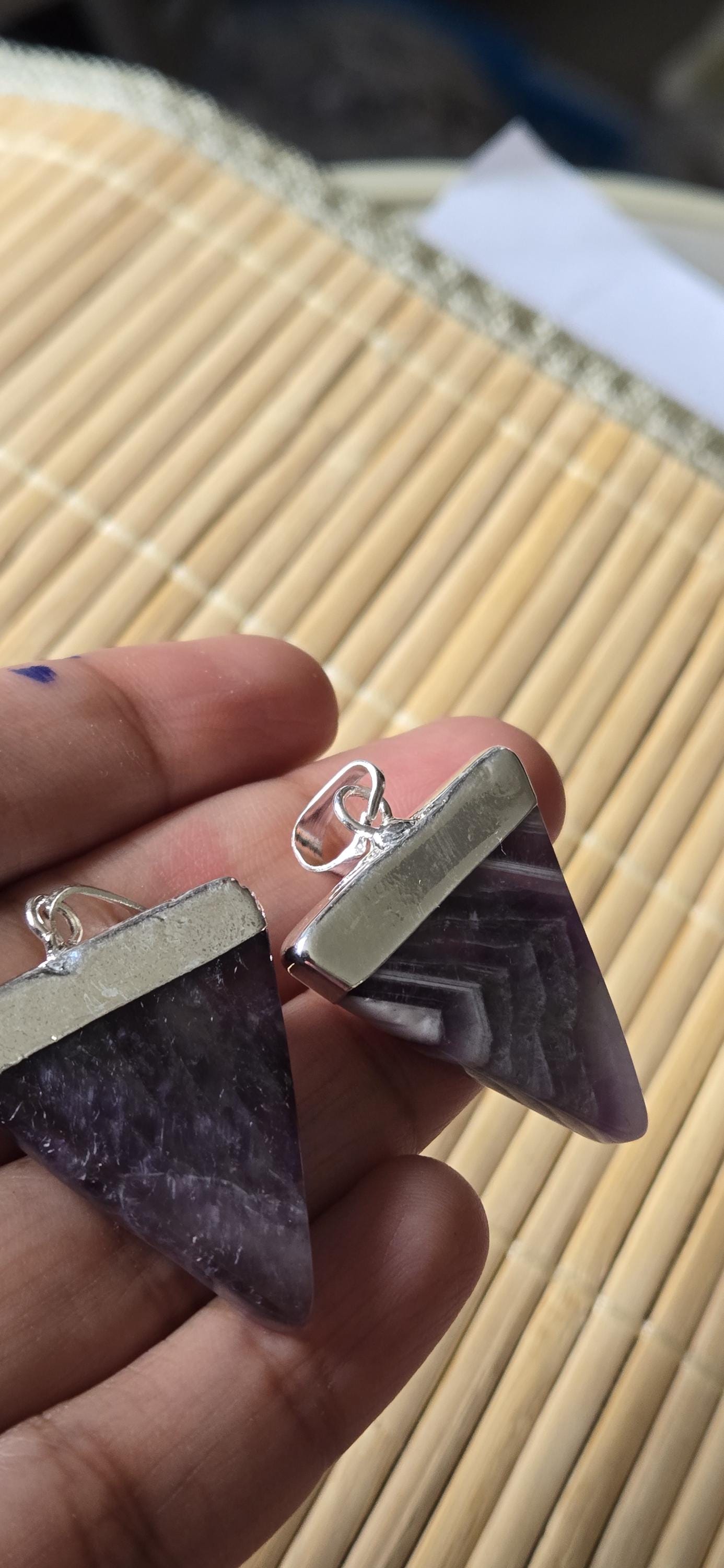 1 pendant - Purple Amethyst triangle cut shape silver color electroplated gemstone pendant - PM330D