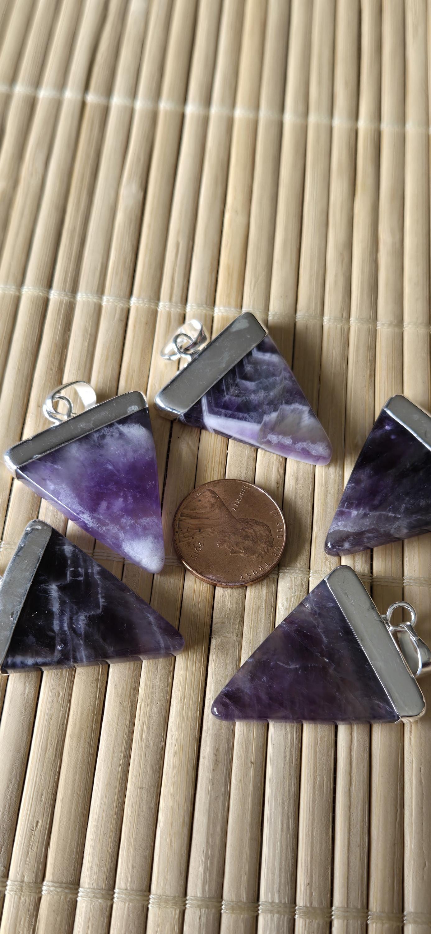 1 pendant - Purple Amethyst triangle cut shape silver color electroplated gemstone pendant - PM330D