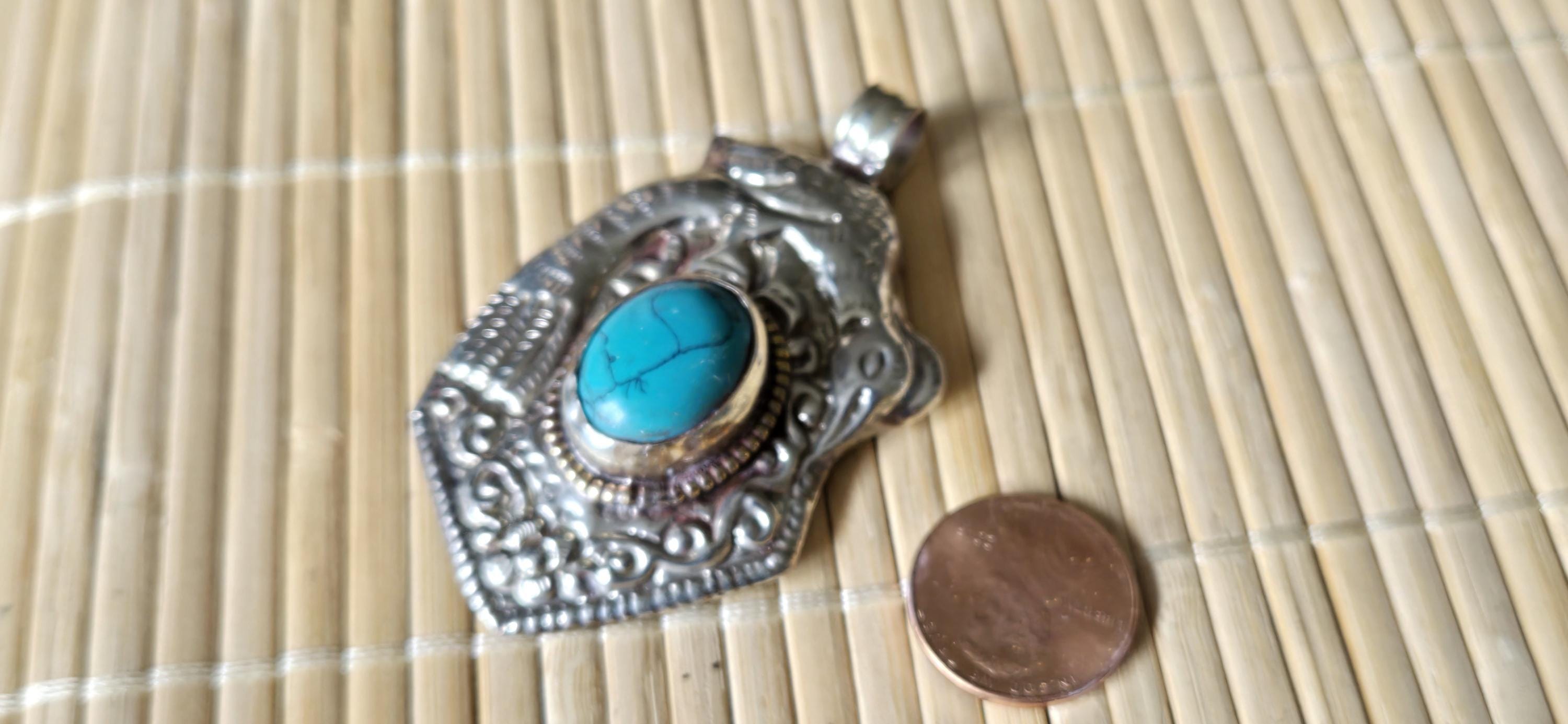 Tibetan silver repousse phoenix bird reversible inlaid with turquoise dragon carving on reverse side Nepal pendants - PM278G