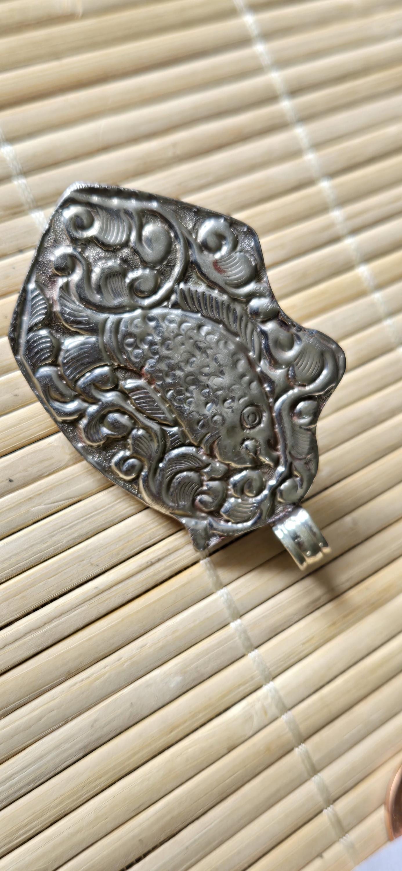 Tibetan silver repousse phoenix bird reversible inlaid with turquoise dragon carving on reverse side Nepal pendants - PM278G