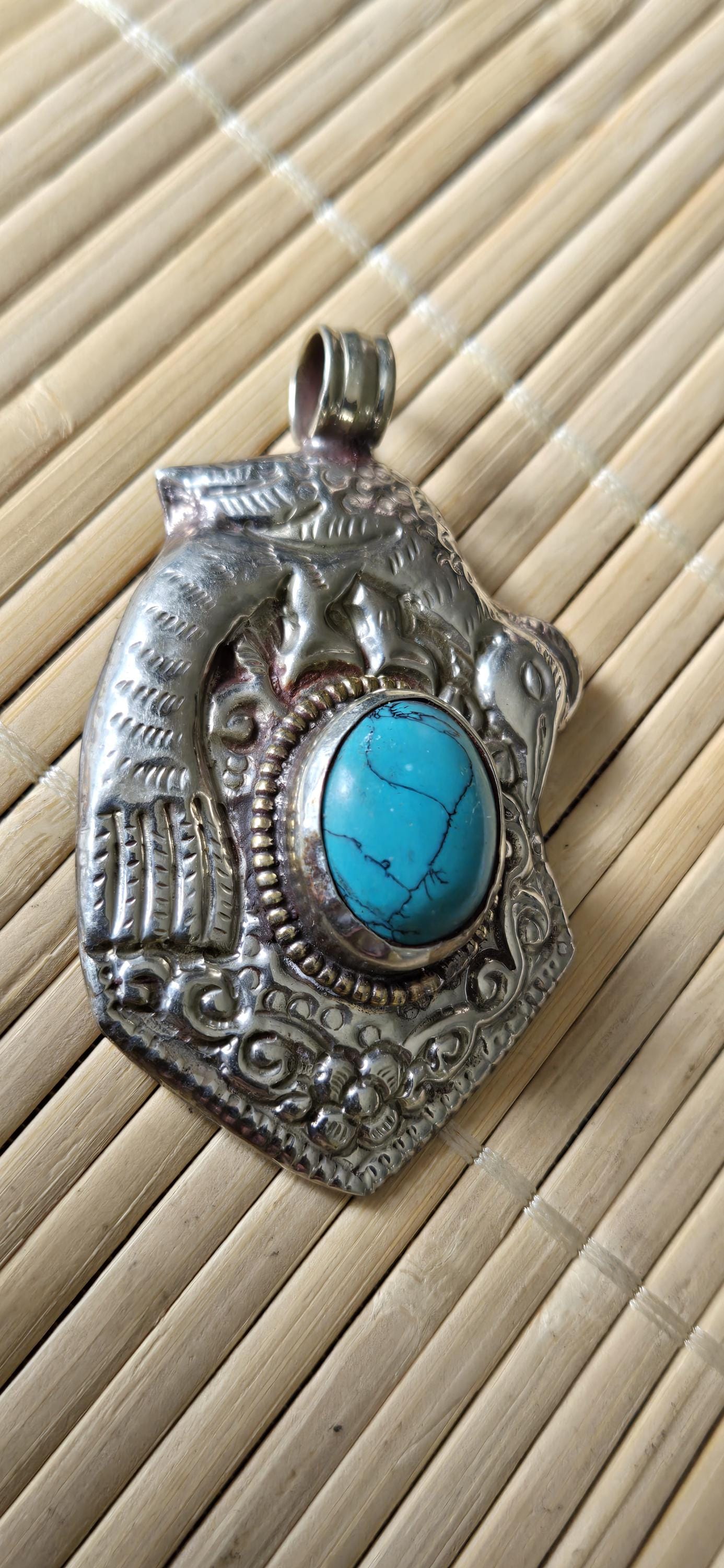 Tibetan silver repousse phoenix bird reversible inlaid with turquoise dragon carving on reverse side Nepal pendants - PM278G