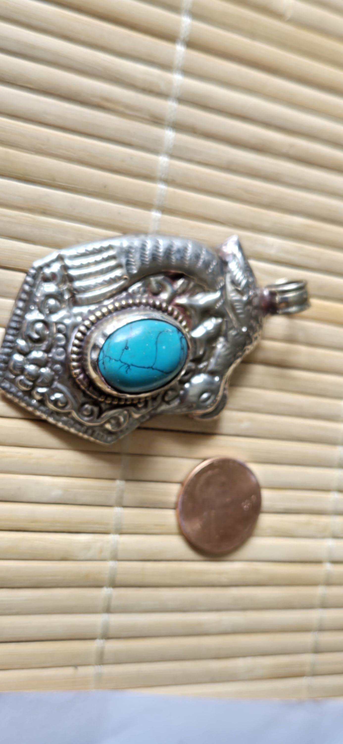 Tibetan silver repousse phoenix bird reversible inlaid with turquoise dragon carving on reverse side Nepal pendants - PM278G