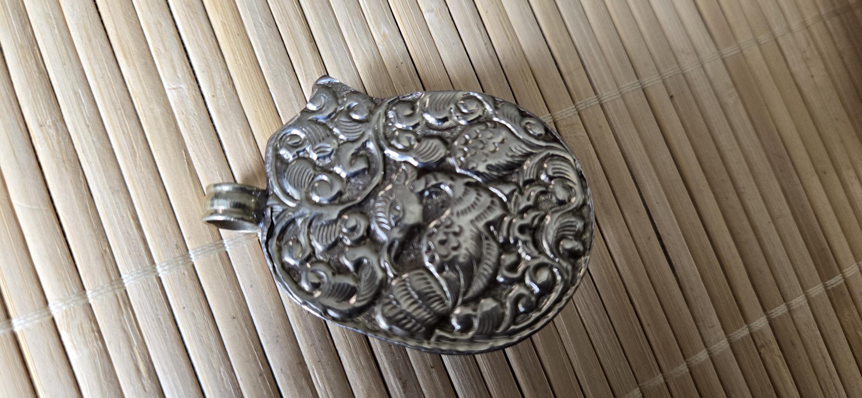 Tibetan silver repousse elephan inlaid with turquoise phoenix carving on reverse side Nepal pendants - PM278H