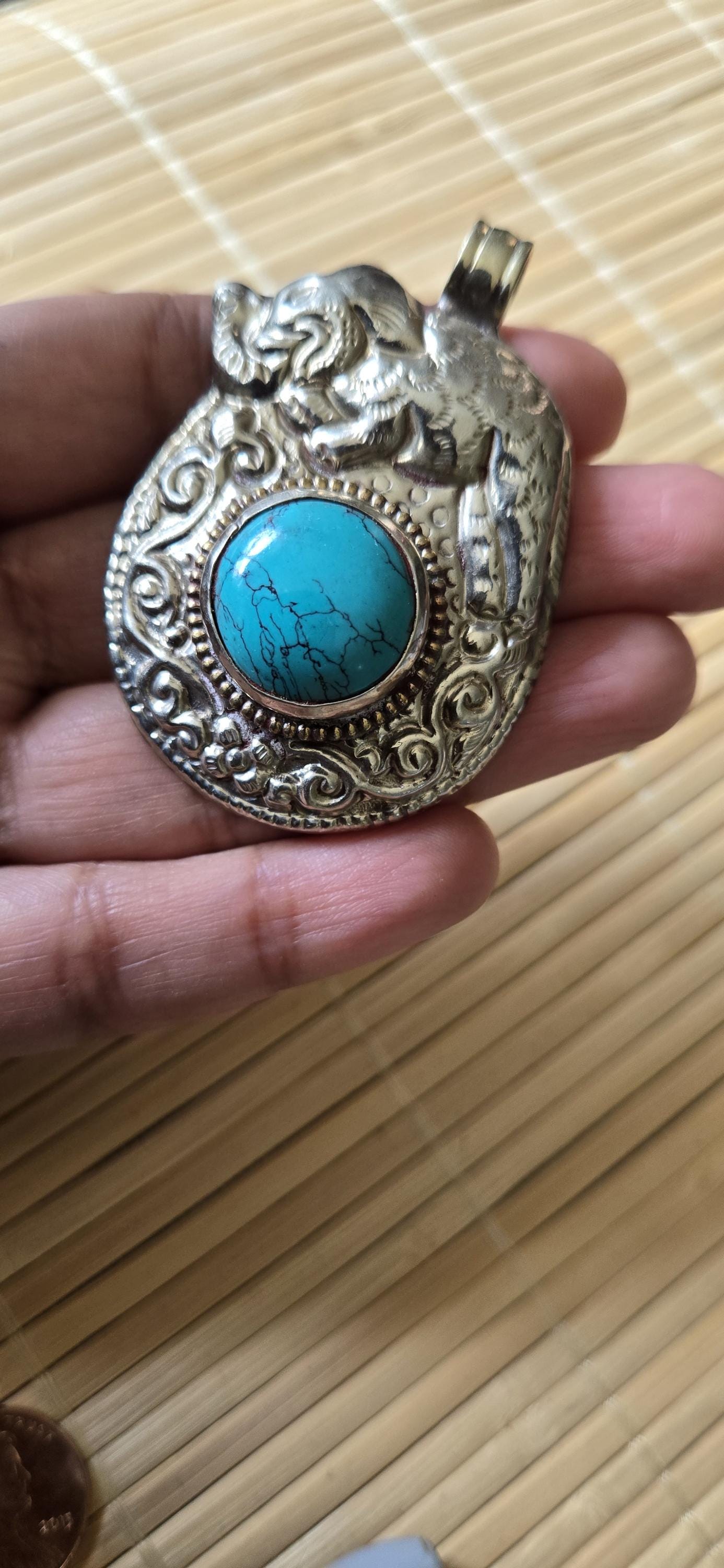 Tibetan silver repousse elephan inlaid with turquoise phoenix carving on reverse side Nepal pendants - PM278H