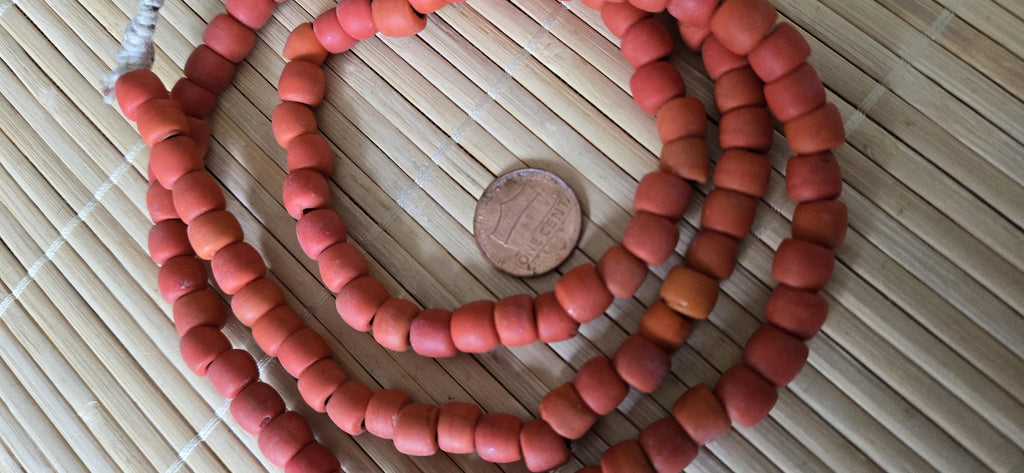 Ethnic nepali reddish orange salmon sherpa glass beads strand from Nepal -BD944G