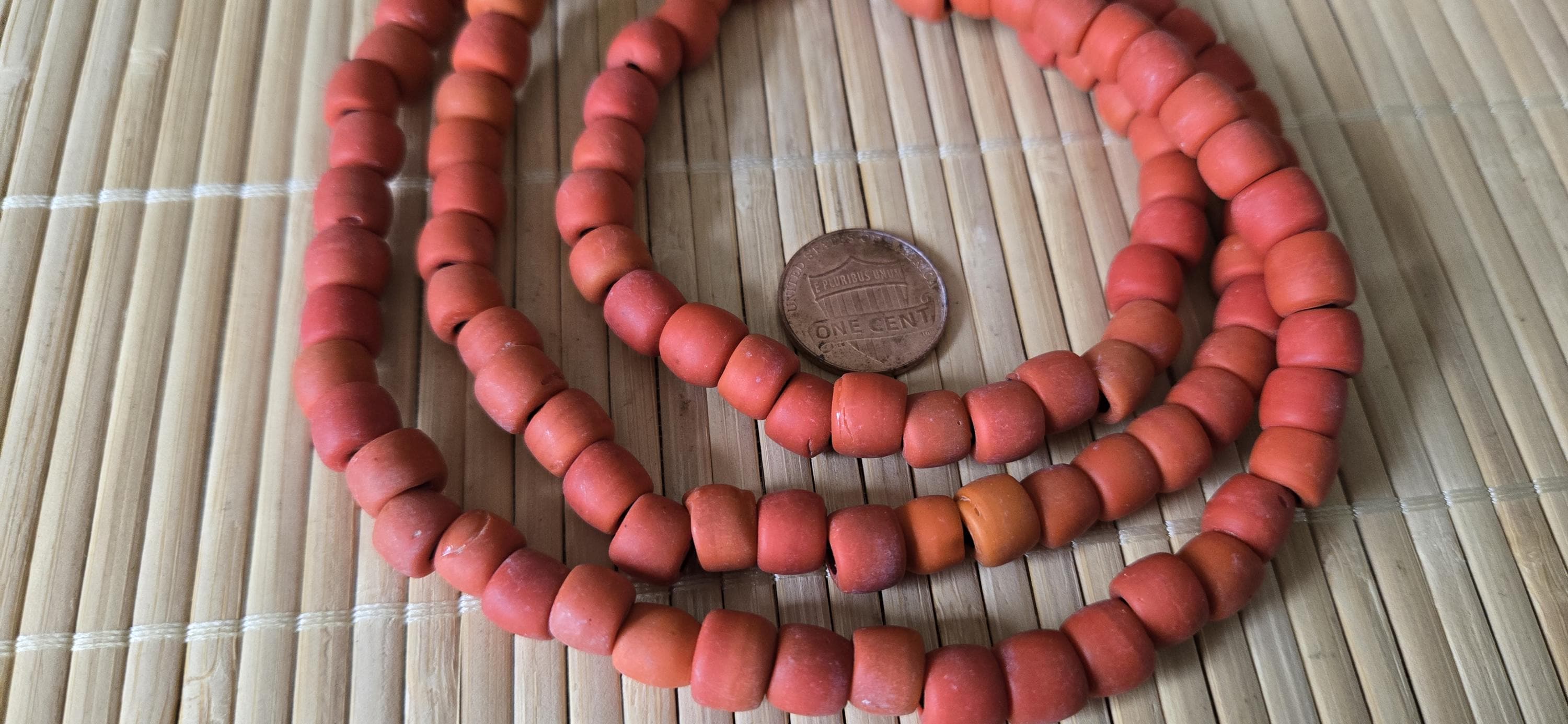 Ethnic nepali reddish orange salmon sherpa glass beads strand from Nepal -BD944G