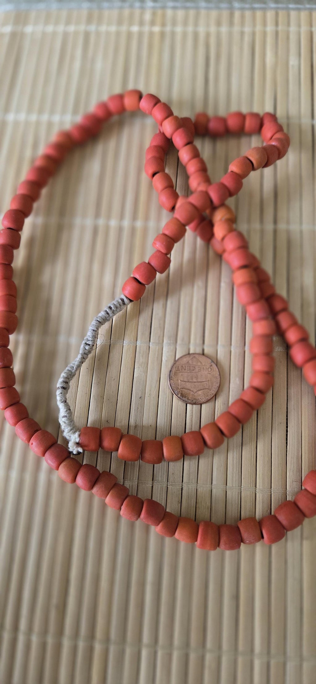 Ethnic nepali reddish orange salmon sherpa glass beads strand from Nepal -BD944G