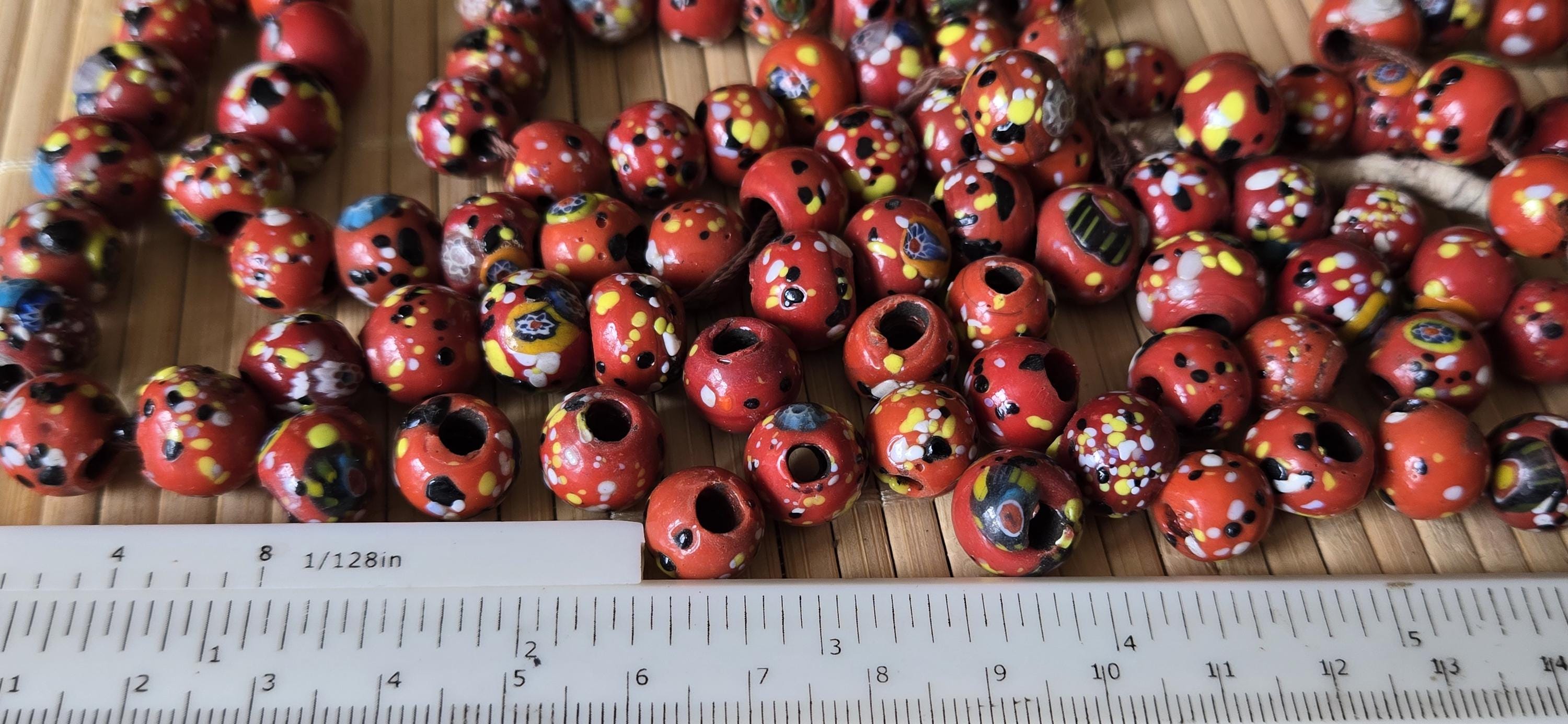 10 beads - Ethnic Nepali reddish orange color dotted sherpa glass beads rondelle from Nepal- BD944H