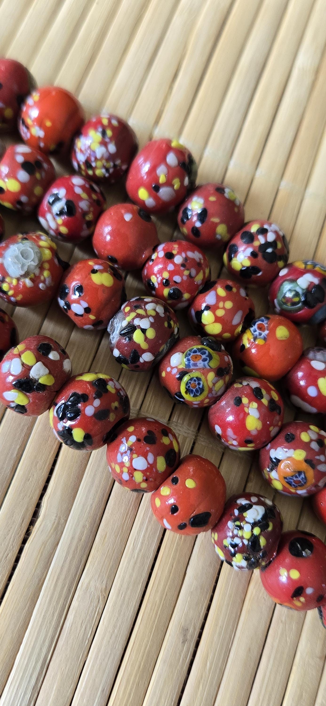 10 beads - Ethnic Nepali reddish orange color dotted sherpa glass beads rondelle from Nepal- BD944H