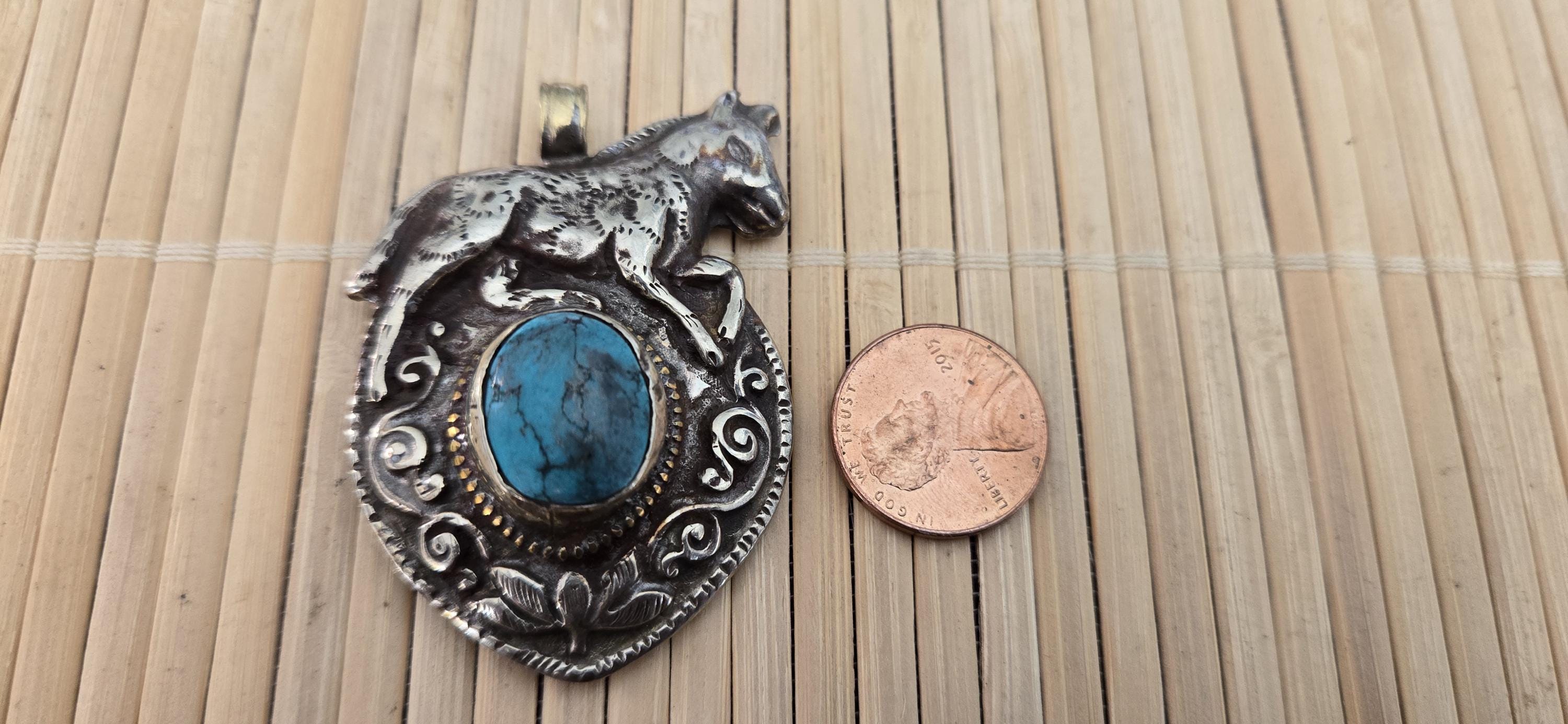 Tibetan silver repousse Horse pendant inlaid with turquoise inlay and reverse side monkey repousse design - PM278B