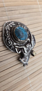 Tibetan silver repousse Horse pendant inlaid with turquoise inlay and reverse side monkey repousse design - PM278B