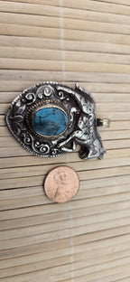 Tibetan silver repousse Horse pendant inlaid with turquoise inlay and reverse side monkey repousse design - PM278B